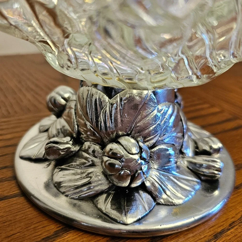 Vintage Ruffled Art Glass Centerpiece Bowl Silver Floral Pedestal Base 18 Inch